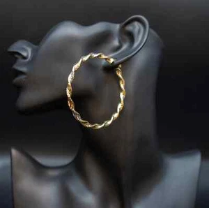14k Real Solid Gold Twisted Tricolor Hoop Earrings,30mm-70mm Gold Hoop Earrings - Picture 1 of 6