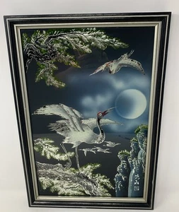 Vintage Framed Asian Glass Painting (Reverse Glass) - Cranes And Moonlight Scene - Picture 1 of 8
