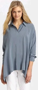 Eileen Fisher Women M Shirt Gray Blue Asymmetrical Silk Crepe Button Flowy  - Picture 1 of 13