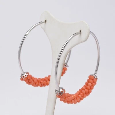 ORECCHINI CERCHIO GRANDI  IN ARGENTO 925 CON CORALLO ROSA              AGHT 0641 - Immagine 1 di 3