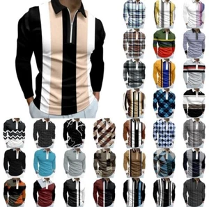 Polo Shirts Men Casual Long Sleeve Print Zip Collar Slim Fit Golf Lapel Top - Picture 1 of 38