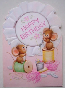 Mice cross stitching  embroidery embossed vintage Birthday greeting card *RR24 - Picture 1 of 3