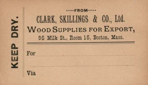 CLARK SKILLINGS & CO WOOD SUPPLIES EXPORT TAG VICTORIAN TRADE CARD BOSTON MA - Picture 1 of 2