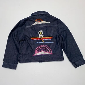 Vintage Sears Denim Girls Jacket Size 5 Embroidered Flowers Butterfly Canoe - Picture 1 of 10