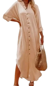 Dokotoo Shirt Dress Women 2X Gauzy Beachy Button Maxi Cover Up Neutral Light New - Picture 1 of 18