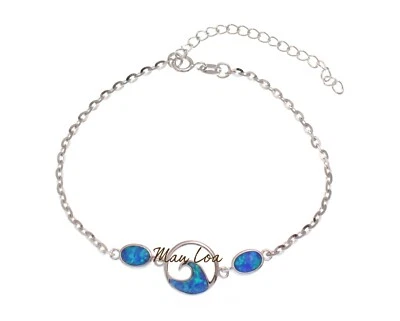 925 Sterling Silver Hawaiian Ocean Wave Oval Blue Opal Plate Anklet 8.5" + 2" - Image 1 of 3