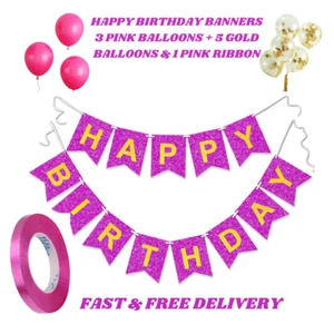 Rosa GEBURTSTAG DEKO SET WIMPEL BANNER Rosa & Gold KONFETTI BALLONS PARTY - Bild 1 von 14
