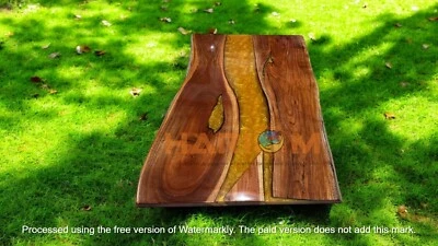 Yellow Epoxy Resin Top Dining Table Office Conference Meeting Desk Wooden Decors - Image 1 of 4