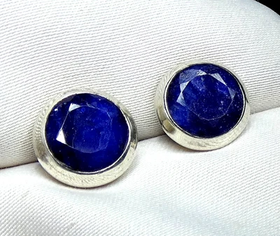 Saphir Ohrstecker 925 Silber fac. ca. 10 mm im Durchmesser dunkelblau UNIKAT NEU - Bild 1 von 4