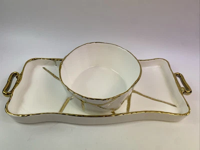 Piccole Ore Luxury Elegant White W Gold Trim Serving Tray & Bowl Dinner Party - Image 1 of 4