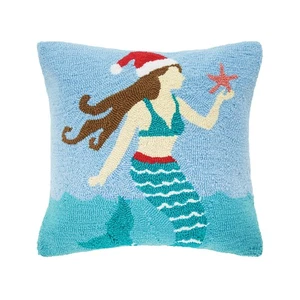 Mermaid in Santa Hat Hooked Accent Throw Pillow 18" x 18" - Picture 1 of 4