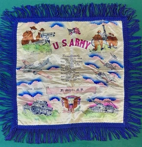 US Army Sweetheart Pillowcase Silk Fringe Pillow Sham Air Corps Ft Niagra NY Vtg - Picture 1 of 11