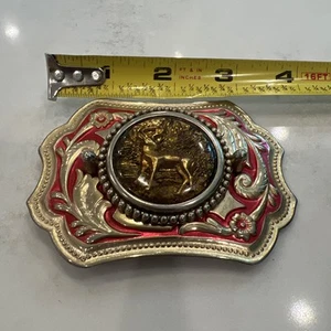 Vintage Western Belt Buckle Gold Deer Scene Red Floral Silver Tone 3.75” x 2.75” - Picture 1 of 5