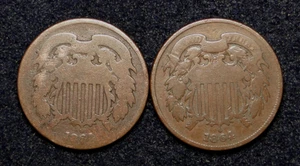 2 LOW GRADE 1864 TWO CENT PIECES OLD U.S. TYPE COIN - Picture 1 of 2