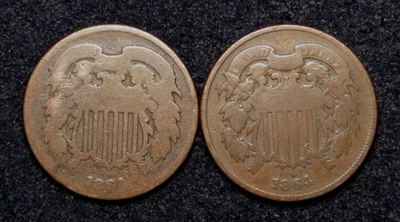 2 LOW GRADE 1864 TWO CENT PIECES OLD U.S. TYPE COIN - Image 1 of 2