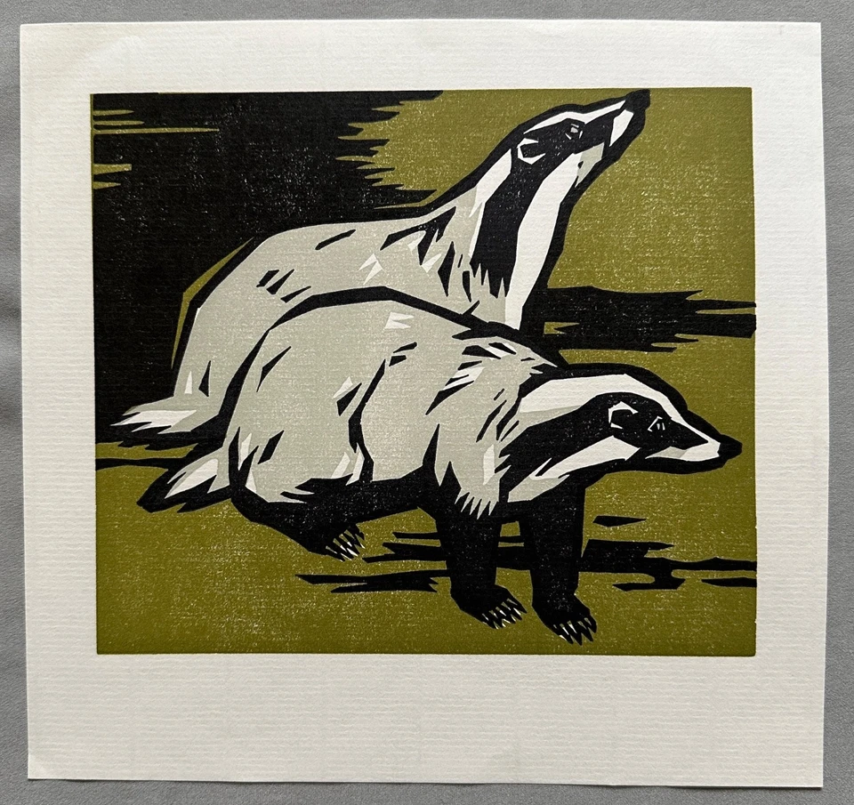 Walter Ebke, farbiger Linolschnitt, Motiv: Dachse - Bild 1 von 1