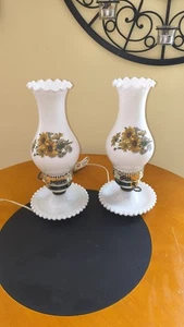 Milk Glass Vintage 1950s Hobnail Hurricane Hand Painted Sunflower Lamps Pair (2) - Picture 1 of 7