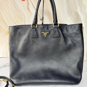 PRADA Vitello Daino Black Leather Tote Bag Gold Logo Shoulder Purse large size - Picture 1 of 23