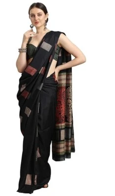 NOVO Sari Indiano Paquistanês Estampado Designer Preto Bollywood - Imagem 1 de 4