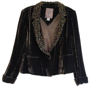 VTG Z by Zelda SZ L /XL Beaded Dark Taupe Rayon Silk Crushed Velvet Lined Jacket - Picture 1 of 7