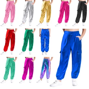 Kids Girls Boys Shiny Metallic Pants Jazz Street Hip Hop Dance Harem Trousers - Picture 1 of 88