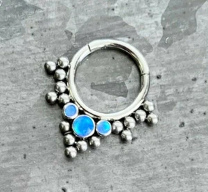 1pc Solid Titanium 3 Opals & Beads Hinged Segment Ring Helix Septum Clicker - Picture 1 of 5