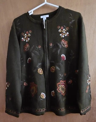 Dress Barn Woman Women's zip up sweater olive green with floral Size 14/16 - Imagem 1 de 4