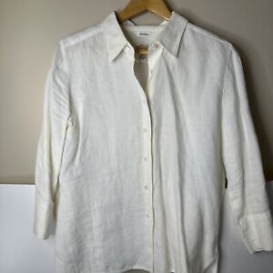 Talbots Womens Size 12 Petites Irish Linen White Button Up Long Sleeve Pearl