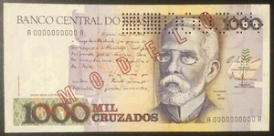 1987 BRAZIL PAPER MONEY - 1,000 CRUZADOS SPECIMEN-MODELO UNCIRCULATED BANKNOTE! - Picture 1 of 2