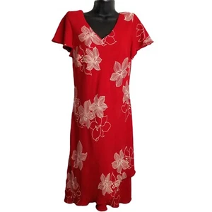 S.L Fashions Red Floral Dress Size 10 Hibiscus Print Y2K Tomato Girl Cottagecore - Picture 1 of 7