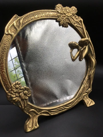 Vtg brass Art Deco nouveau vanity dresser mirror lady floral standing 10x9” Cover