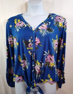 JOE BOXER Women's 3X Blue Floral V-Neck Long Sleeve Button-Up Crochet Blouse Top - Picture 1 of 11