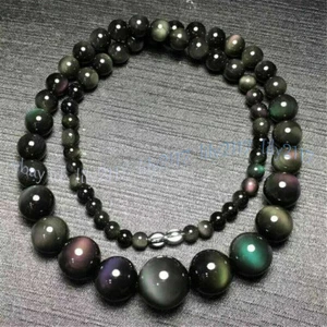 6-14mm Rainbow Eye Black Obsidian Round Gemstone Beads Tower Necklace 16-36"