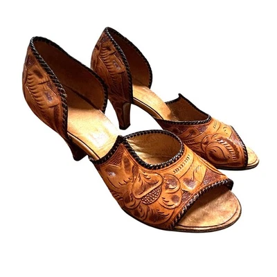 Vintage handmade high heel d'orsay pumps tooled leather cowgirl southwestern 50s - Image 1 of 4