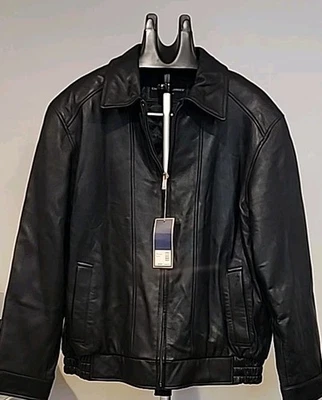 NUEVO CON ETIQUETAS Cambridge Clásica Para Hombre Cuero NEGRA Motociclista Bombardero L Chaqueta Precio Original $240 Foto 1 de 4
