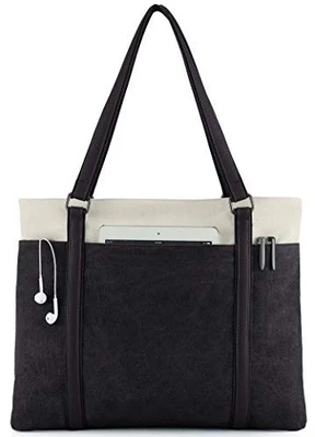 WXNOW WOMEN LAPTOP TOTE BAG CANVAS HANDBAG PURSE SHOULDER BAG - BLACK - Image 1 of 4