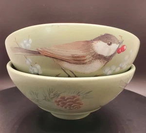 Pfaltzgraff Winterwood 2 Fruit Dessert Bowl Chickadee Bird Holly Berries Pine - Picture 1 of 13