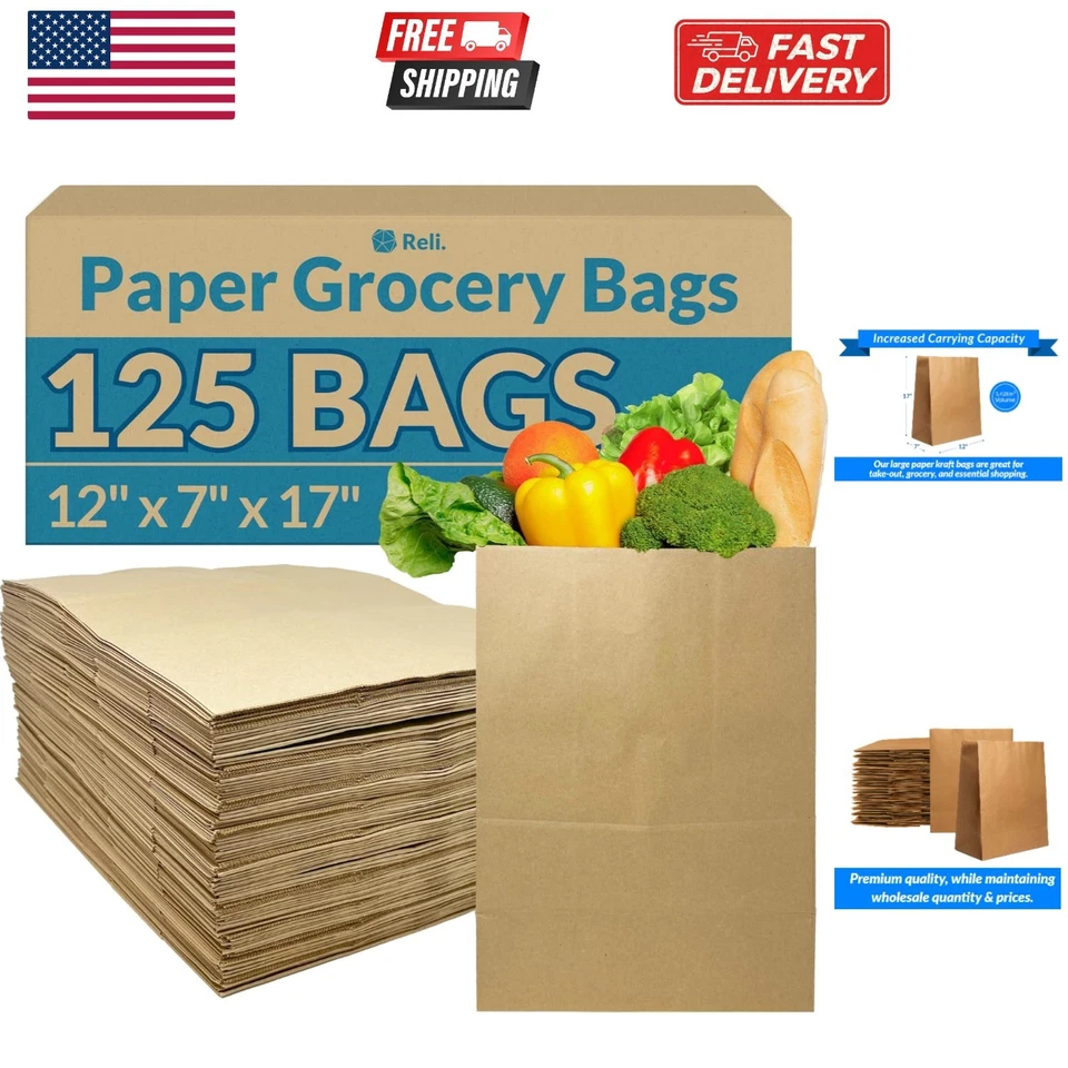Reli. Paper Grocery Bags (125 Pcs Bulk) (12x7x17) 12x7x17 | 125 Pack Brown