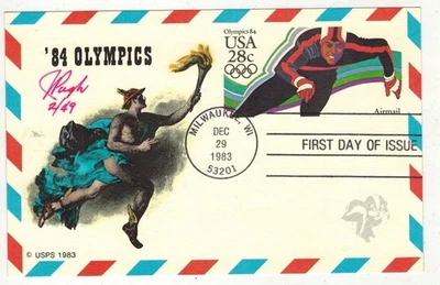 HANDPAINTED POSTAL CARD FDC UXC21 AIRMAIL OLYMPIC SPEED SKATER BY PUGH WISCONSIN - Image 1 of 2