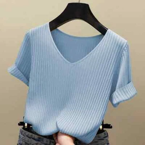 Knitted Short Sleeve Women V-Neck T Shirts Slim Tops Ladies Summer T Shirts - Bild 1 von 30