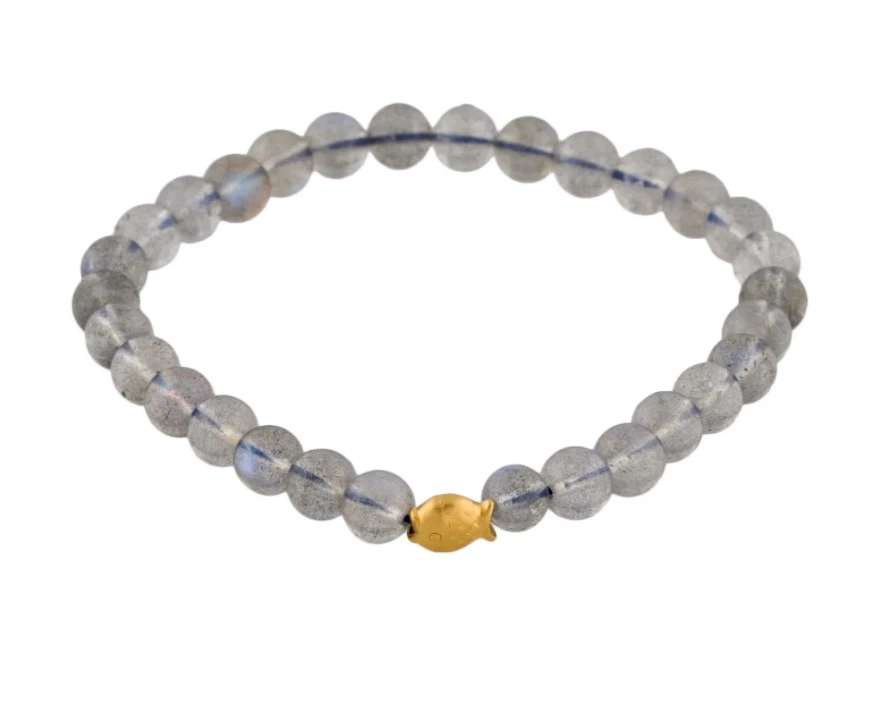 24K Gold 999 Gold Fish Charm Labradorite Bead Bracelet - Image 1 of 4