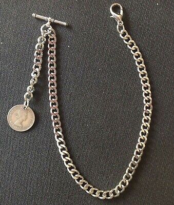 Albert Pocket Watch Chain With A  Lucky  ER II Sixpence Fob,silver Colour • 8.04€