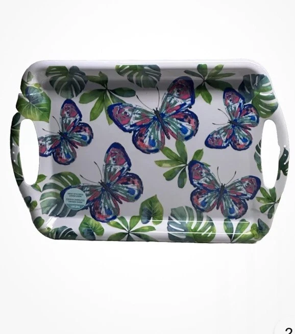 Large Melamine Handled Serving Tray Butterflies Pattern 19.25 x 11.5 - Image 1 of 4