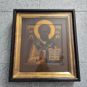 Icona russa raffigurante San Nicola con teca e cornice - Foto 1 di 10