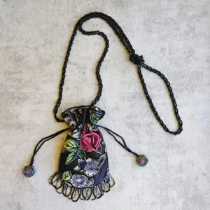 Vintage Seed Bead Pouch Purse Beaded Rose Floral Whimsigoth Witchy Drawstring - Picture 1 of 11