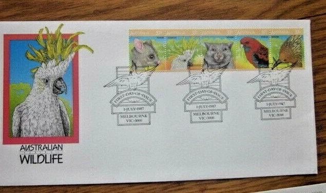 AUSTRALIA WILDLIFE POSSUM COCKATOO WOMBAT ROSELLA ECHIDNA 5 STAMP SET 1987 FDC   - Image 1 of 1
