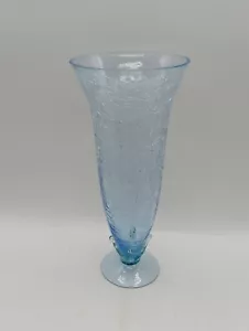 Vintage Blue Crackle Glass Vase 10 Green Flower Stem Bottom Trumpet Elegant - Picture 1 of 8