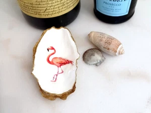 Handcrafted Flamingo Oyster Shell Dish Jewelry Holder Coastal Beach Decor Gift - Picture 1 of 6