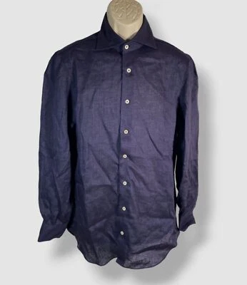 $795 Camisa de Vestir Cesare Attolini Napoli Para Hombre Azul Lino Manga Larga Talla 16/41 Foto 1 de 3