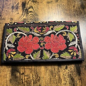Embroidered Travel Case Passport Bag Wallet Small Purse Black With Flowers - Picture 1 of 10